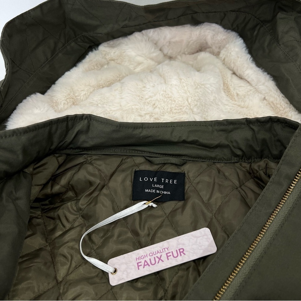Jacket Quilted Lined Olive Green Size Large With Removable Faux Fur Hood Cotton - Picture 12 of 12